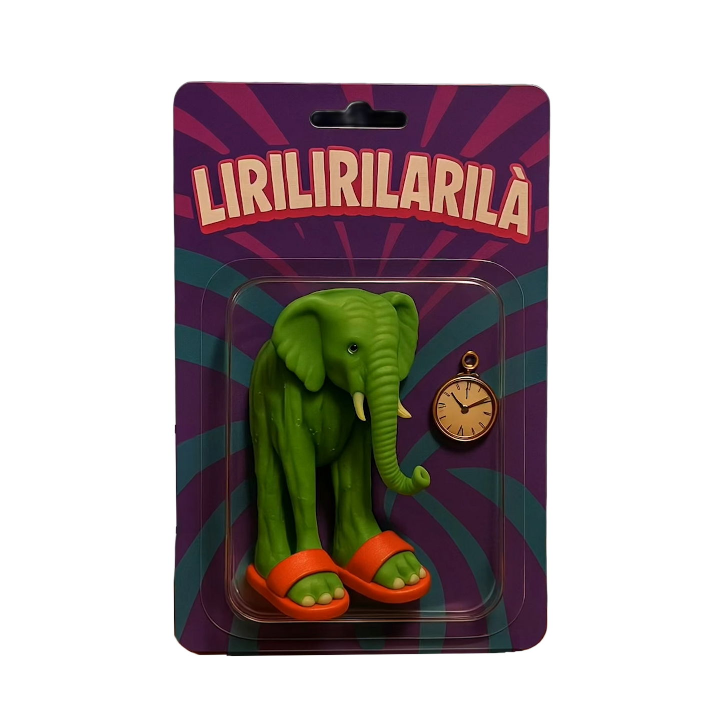 Green elephant toy with orange flip-flops and clock accessory, Lirilirilarlà figure from Brainrot collection