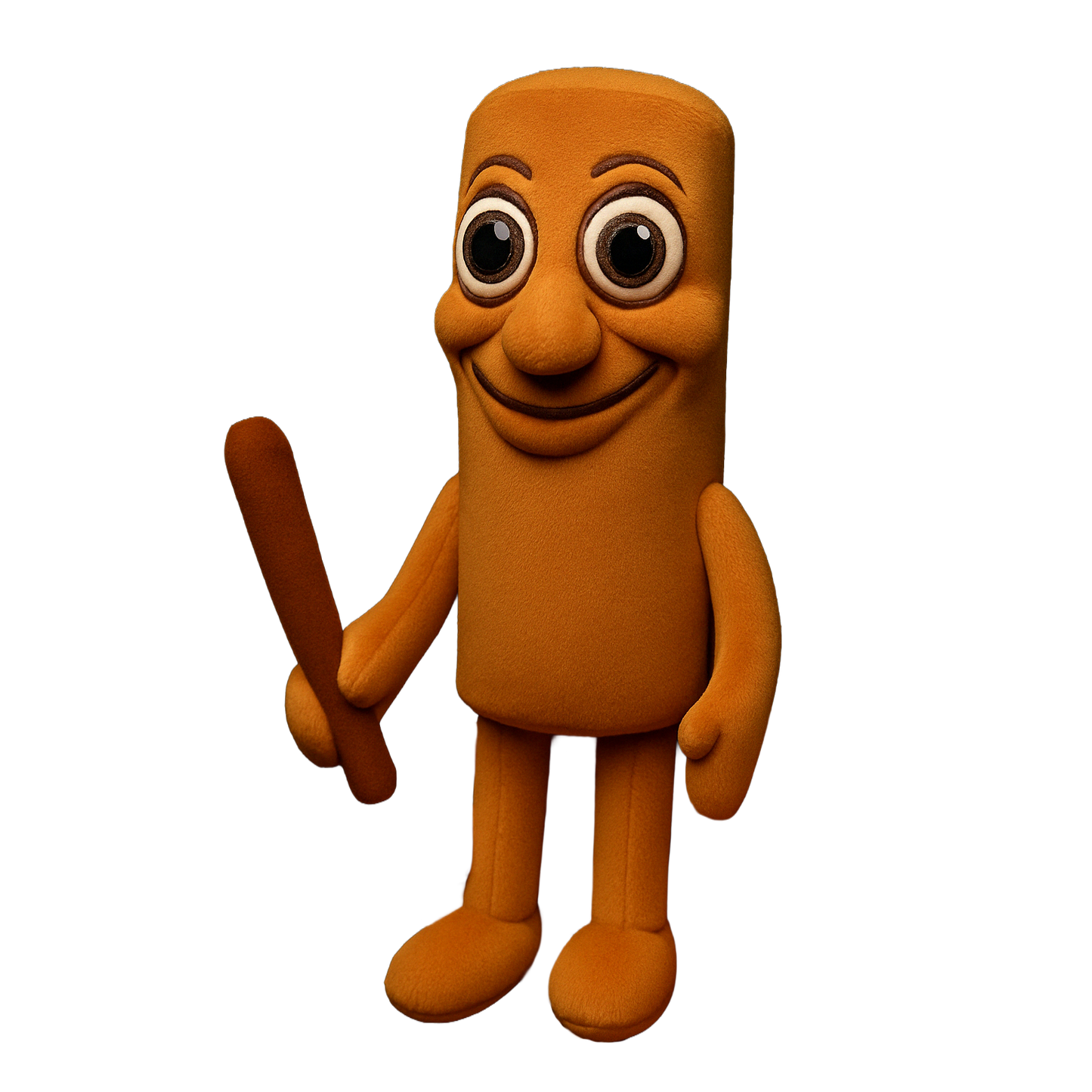 Cute brainrot plushie of Tung Tung Sahur holding a stick, isolated on transparent background
