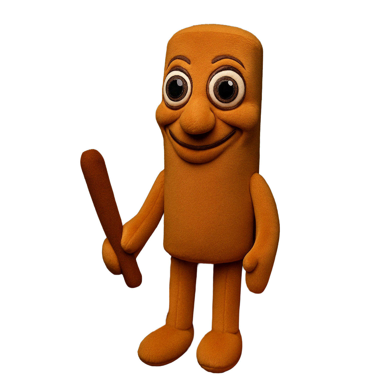Cute brainrot plushie of Tung Tung Sahur holding a stick, isolated on transparent background
