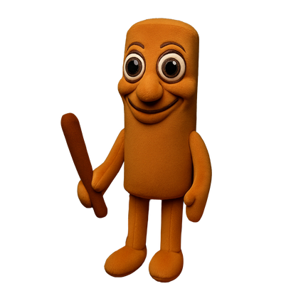 Cute brainrot plushie of Tung Tung Sahur holding a stick, isolated on transparent background
