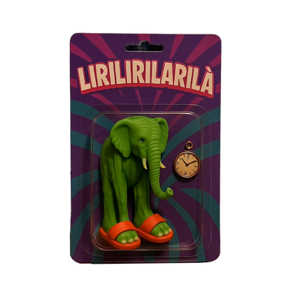 Green elephant toy with orange flip-flops and clock accessory, Lirilirilarlà figure from Brainrot collection

