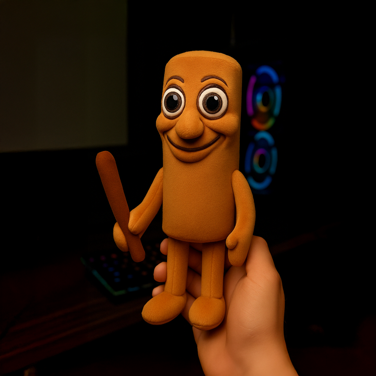 Plush toy character Tung Tung Sahur holding a stick, smiling in a gaming room setting
