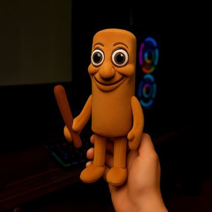 Plush toy character Tung Tung Sahur holding a stick, smiling in a gaming room setting
